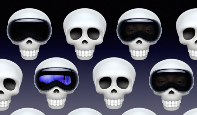 skulls, some with Apple Vision Pros on, a blue haze or flickering eyes on the outer display.